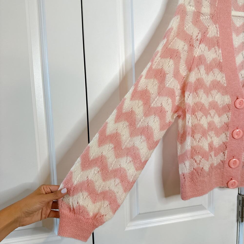 BYTIMO Wool Mohair Knit Pink Chevron Striped Button Down Cardigan | Small - Picture 7 of 10